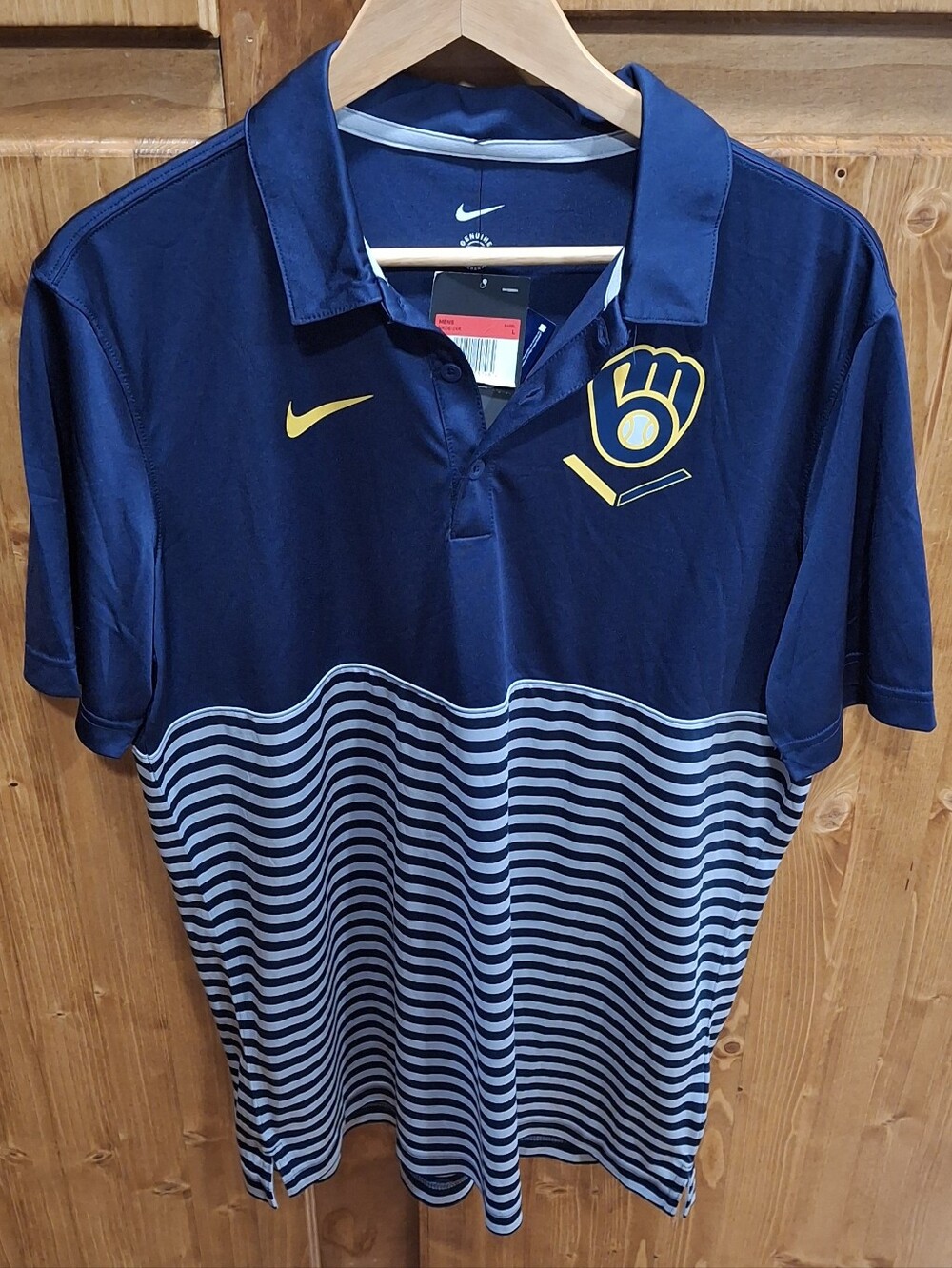 Nike GENIUNE MLBStriped Milwaukee Brewers Polo with Yellow Logo Mens L